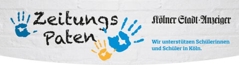 Logo der Zeitungspaten mit drei farbigen Kinderhandabdrücken.
