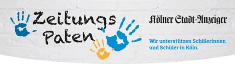 Wir unterstützen Schülerinnen und Schüler in Köln. – Zeitungspaten des Kölner Stadt-Anzeiger Logo der Zeitungspaten mit drei farbigen Kinderhandabdrücken.